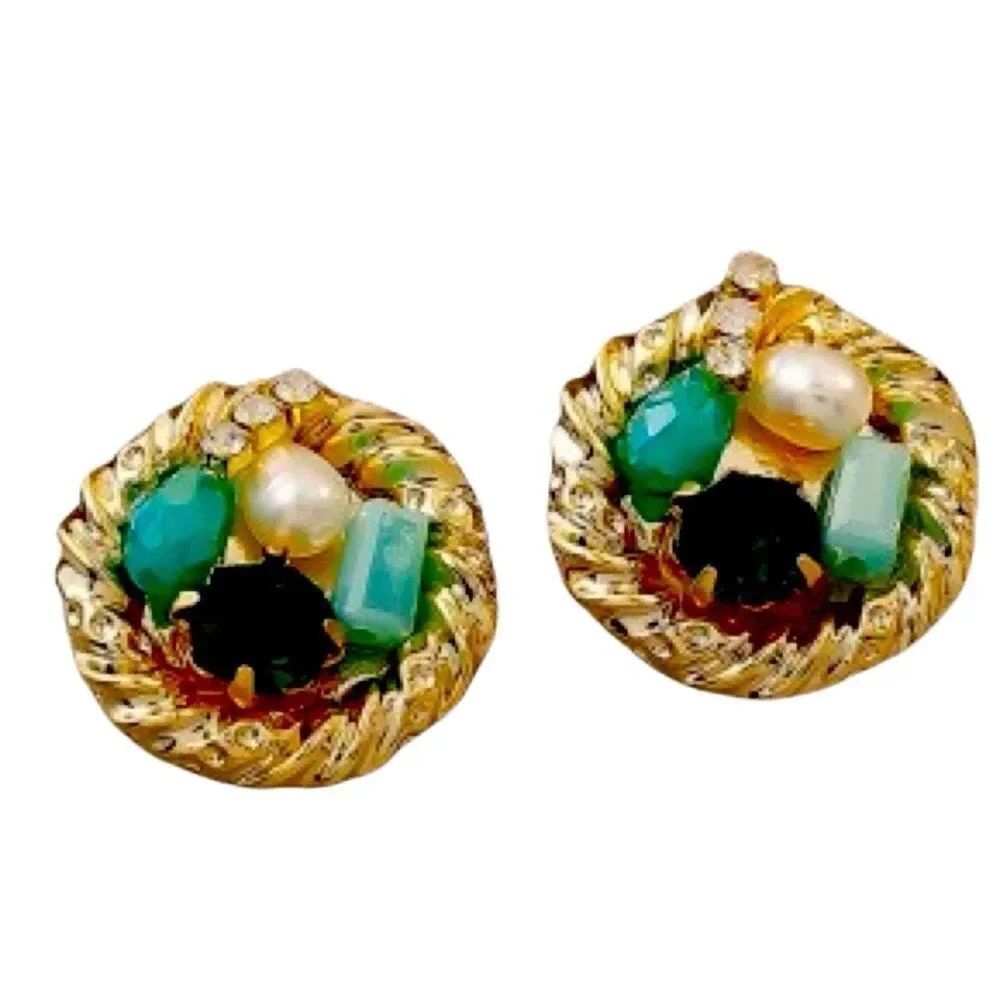 Jeweled Green & Blue Gemstone Stud Earrings, Striking Vintage Style - Great Gift